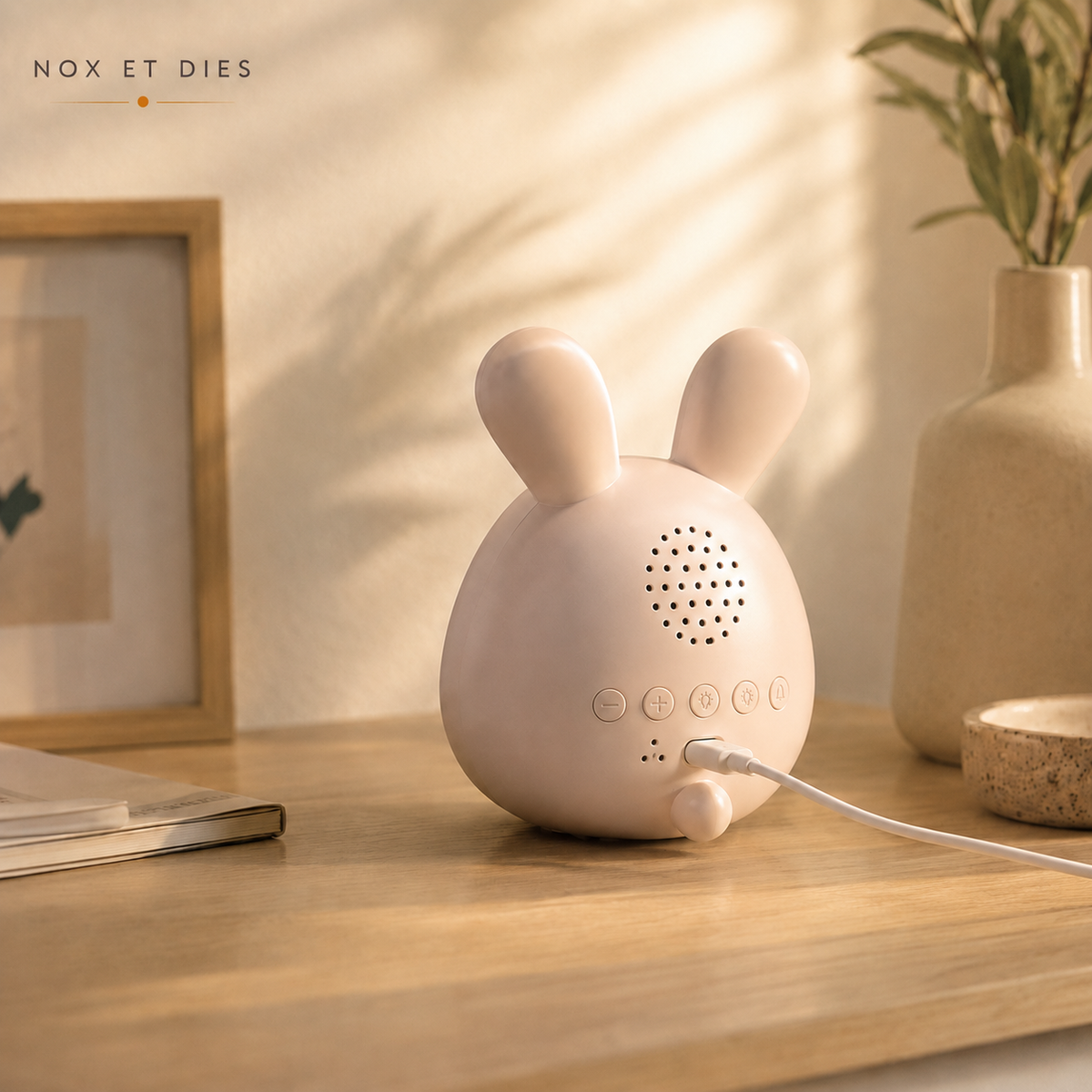 Vue arrière de la veilleuse Lapinou montrant les boutons de réglage, le haut-parleur et le câble USB branché