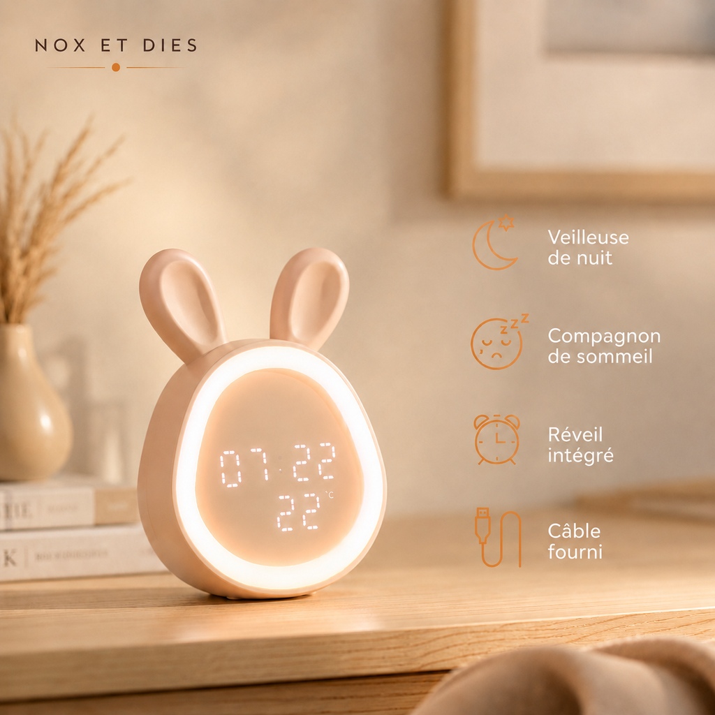 Veilleuse Lapinou rose avec fonctions veilleuse de nuit, compagnon de sommeil, réveil intégré et câble USB fourni