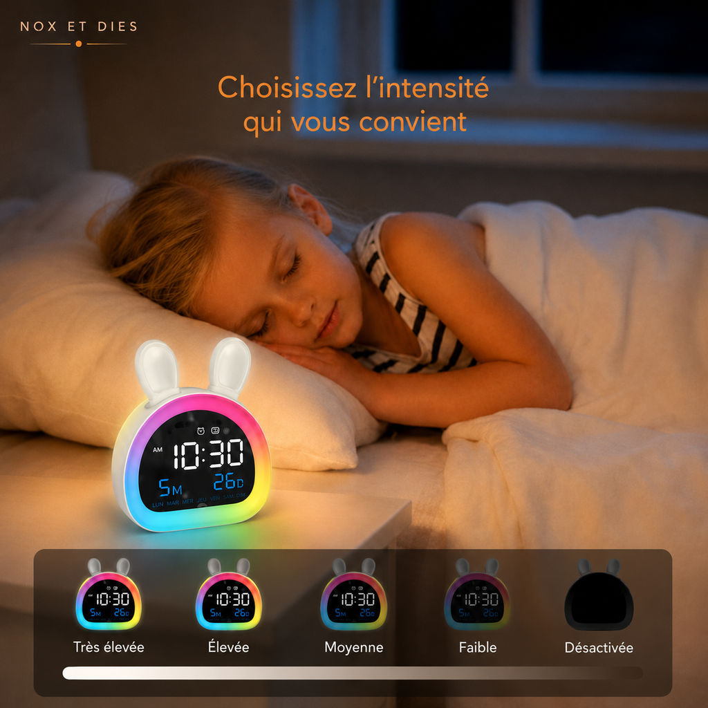 Réveil Lapinou RGB avec 5 niveaux d'intensité lumineuse réglables, du faible au très élevé