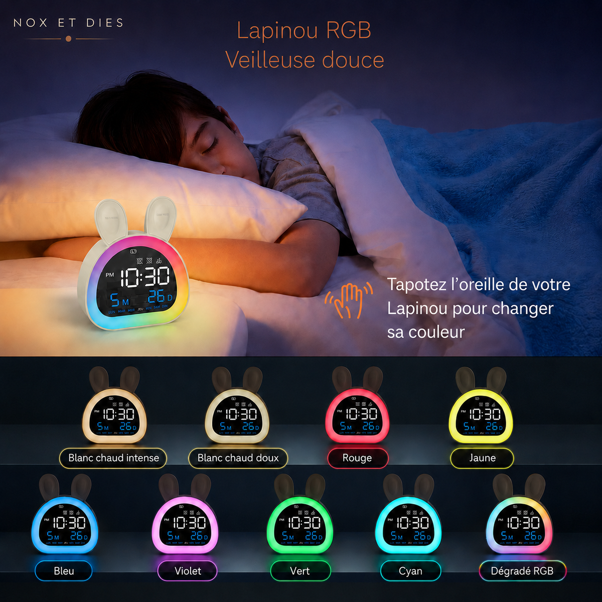 Réveil veilleuse Lapinou RGB au halo rose-orange sur une table de chevet dans une chambre d'enfant