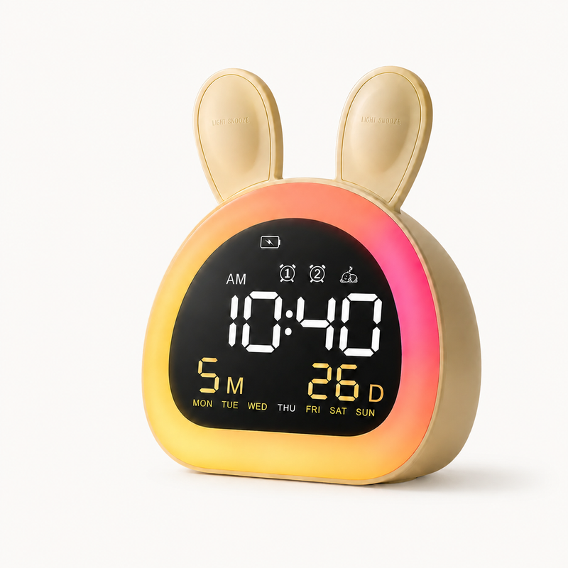 Réveil veilleuse Lapinou RGB jaune pâle avec écran affichant l'heure, la date et le jour, halo lumineux dégradé