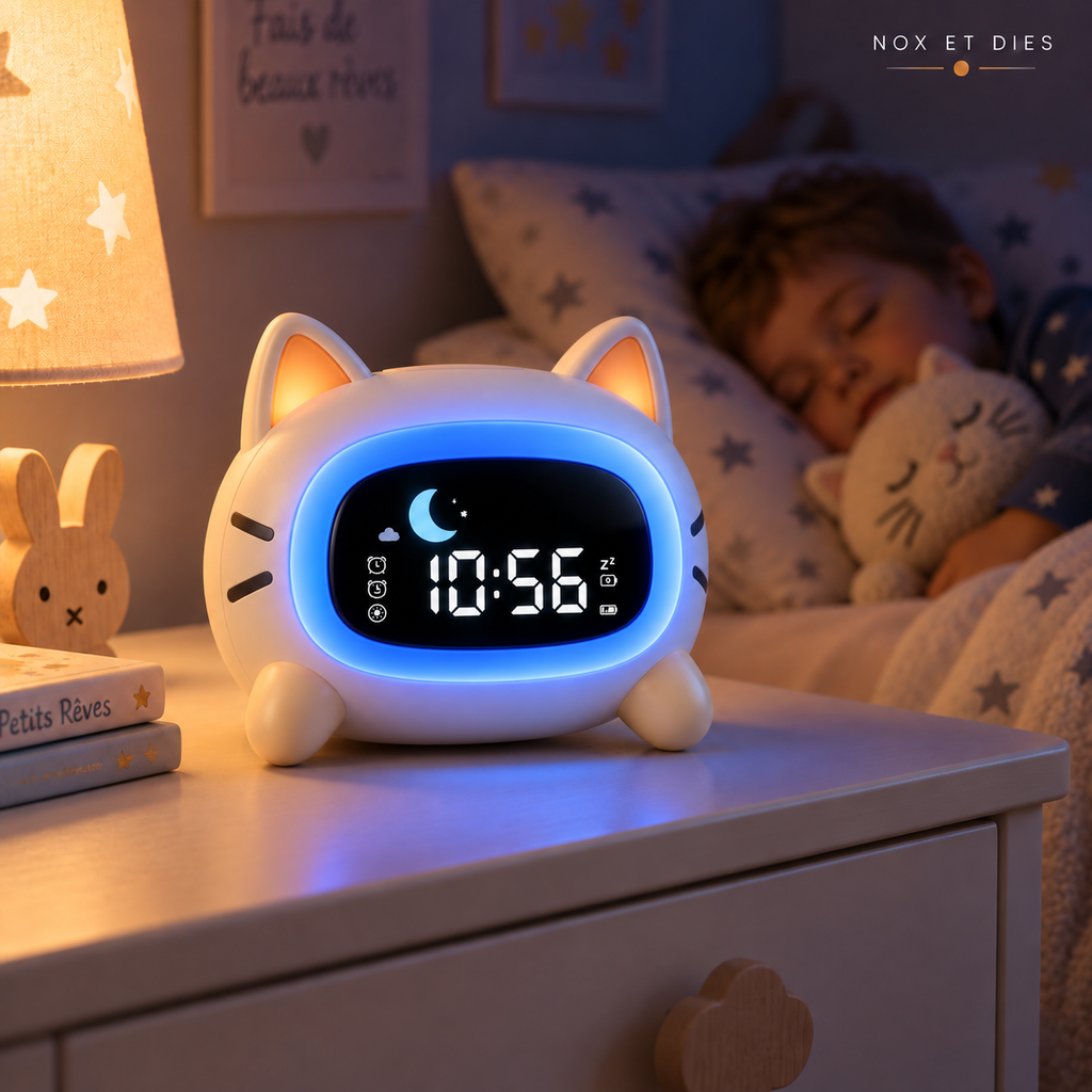 Réveil veilleuse enfant Miaou Nox et Dies sur une table de chevet, halo bleu allumé et icône lune affichée pendant qu'un enfant dort avec sa peluche chat