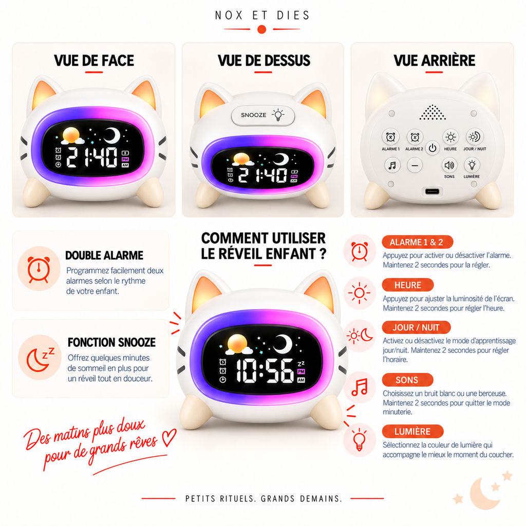 Infographie du réveil veilleuse enfant Miaou Nox et Dies détaillant la double alarme, la fonction snooze et le rôle des touches heure, jour nuit, sons et lumière
