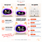 Infographie du réveil veilleuse enfant Miaou Nox et Dies détaillant la double alarme, la fonction snooze et le rôle des touches heure, jour nuit, sons et lumière