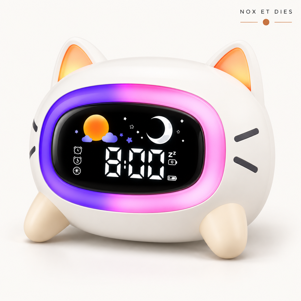 Réveil veilleuse enfant Miaou Nox et Dies en forme de chat blanc aux oreilles orangées, halo lumineux violet et rose allumé et écran LED affichant l'heure