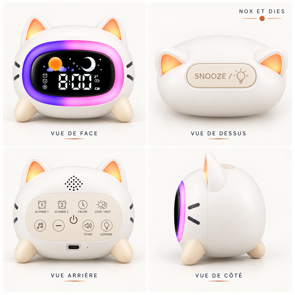 Quatre vues du réveil veilleuse enfant Miaou Nox et Dies : de face, de dessus avec sa touche snooze, de dos avec ses touches et son port USB-C, et de côté