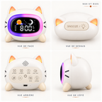 Quatre vues du réveil veilleuse enfant Miaou Nox et Dies : de face, de dessus avec sa touche snooze, de dos avec ses touches et son port USB-C, et de côté