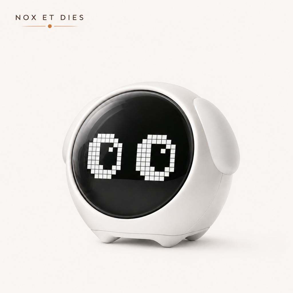 Réveil veilleuse Mimi Nox et Dies coloris blanc, écran rond affichant une expression d'yeux animée façon pixel art