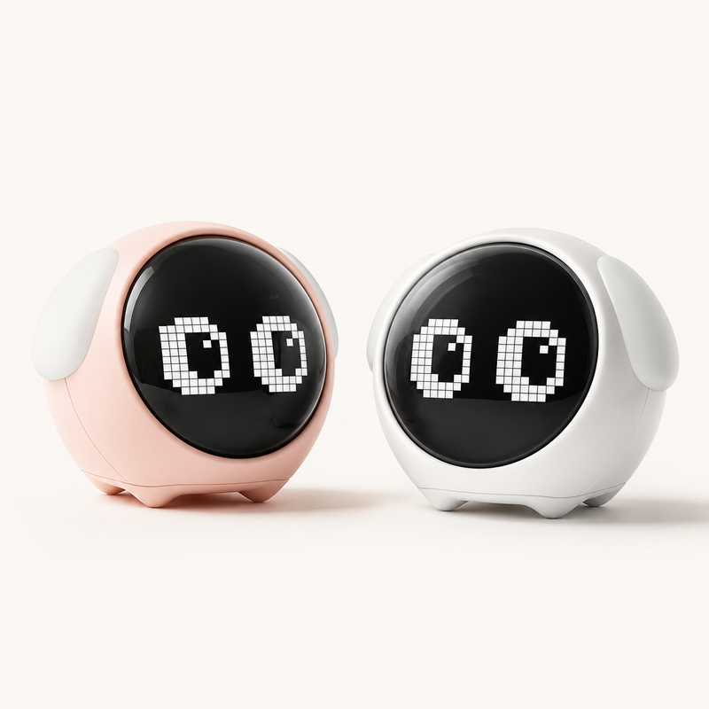 Réveils veilleuses Mimi Nox et Dies côte à côte, coloris rose et blanc, écrans affichant une expression d'yeux animée
