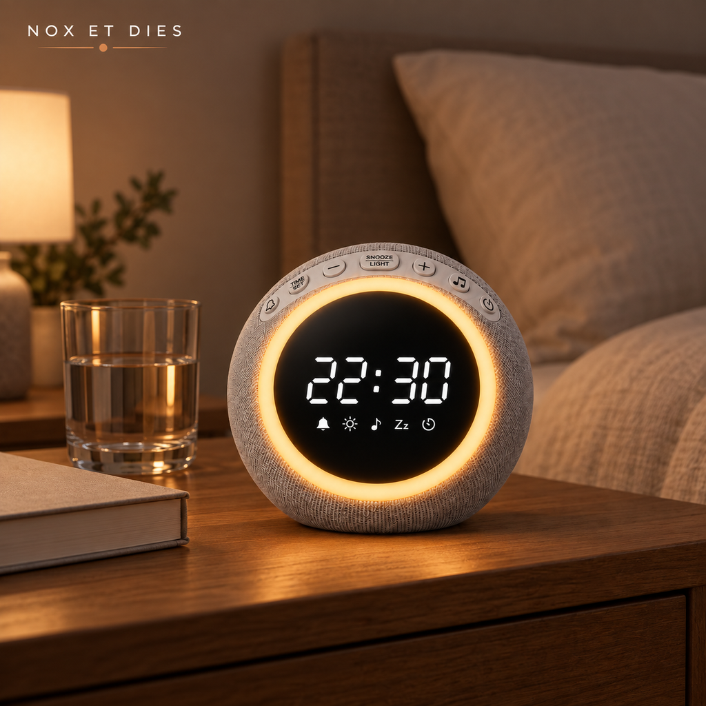 Réveil veilleuse Nox et Dies en tissu gris posé sur une table de chevet le soir, ambiance chaleureuse avec lampe et lumière tamisée.