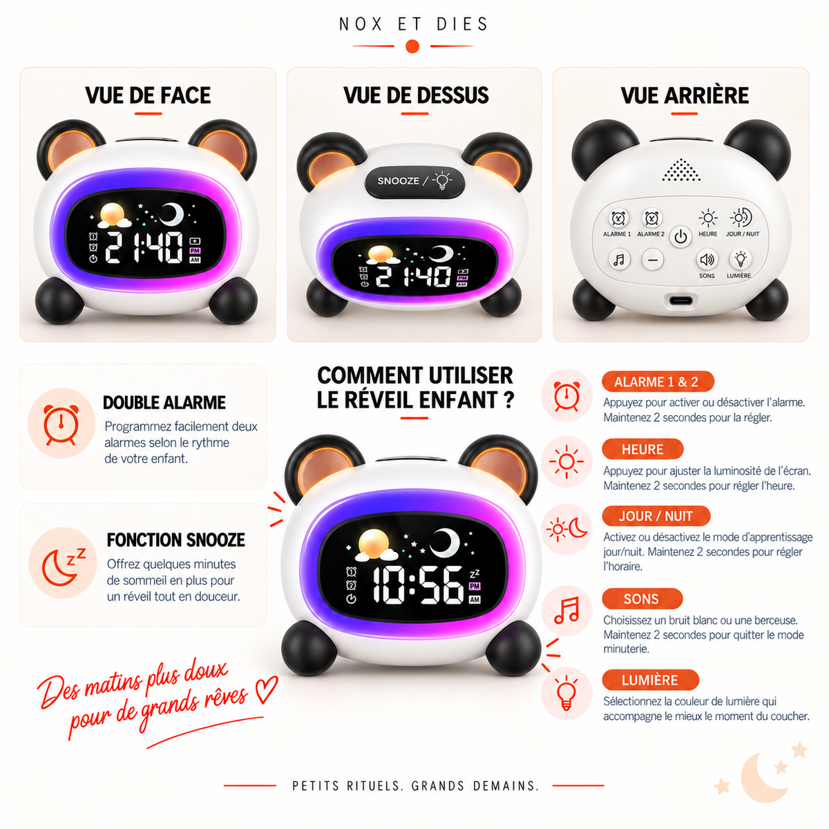 Infographie du réveil veilleuse enfant Panda Nox et Dies détaillant la double alarme, la fonction snooze et le rôle des touches heure, jour nuit, sons et lumière