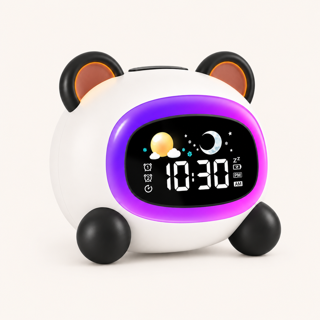Réveil veilleuse enfant Panda Nox et Dies vu de trois-quarts, oreilles et pattes noires, halo lumineux allumé autour de l'écran LED