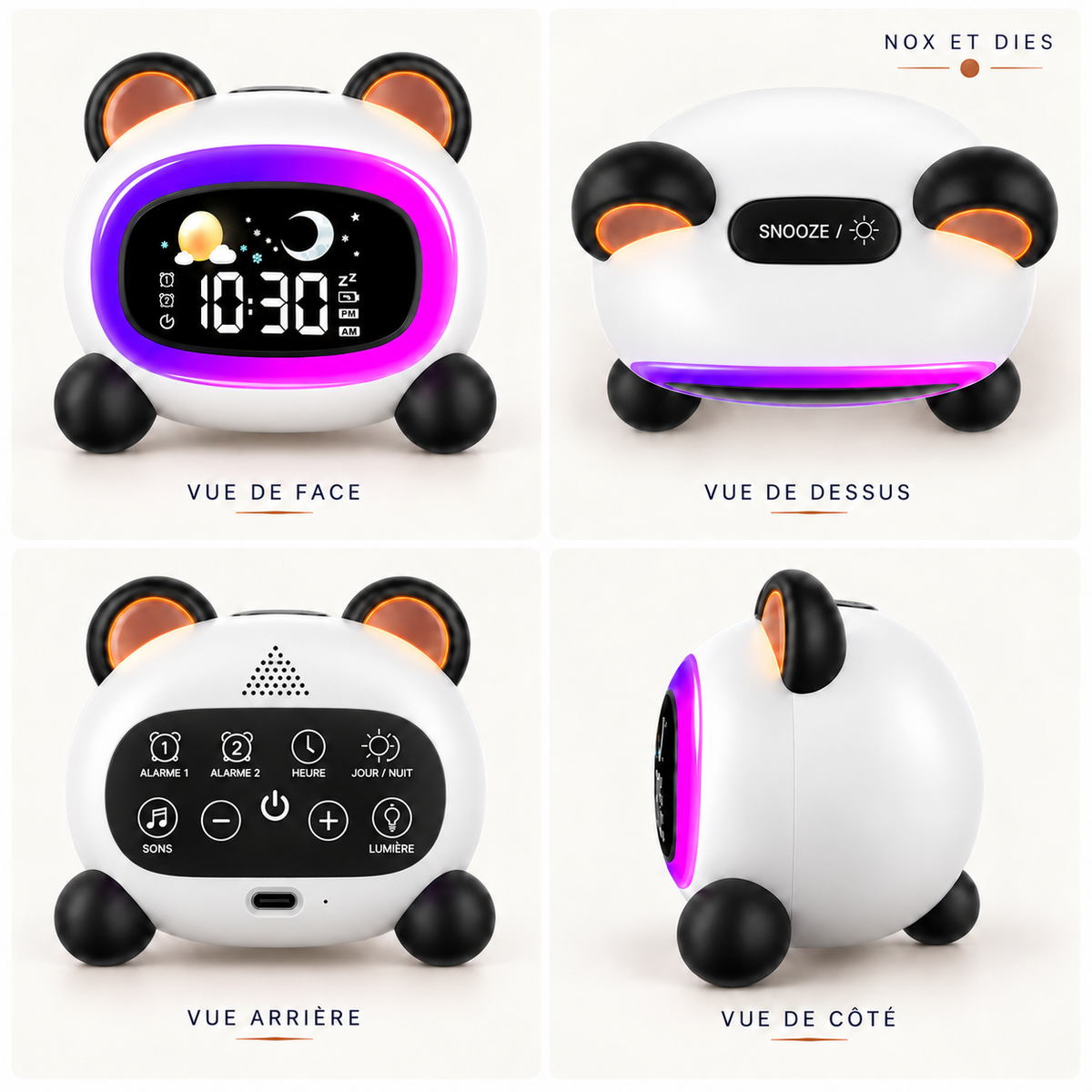 Quatre vues du réveil veilleuse enfant Panda Nox et Dies : de face, de dessus avec sa touche snooze, de dos avec ses touches et son port USB-C, et de côté
