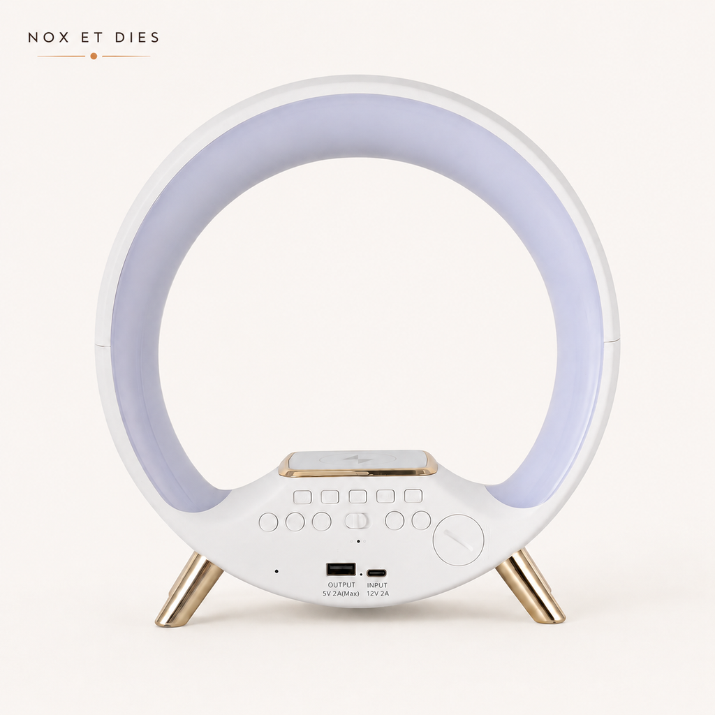 Vue arrière de la lampe Piédor montrant les boutons de réglage, la sortie USB 5V et l'entrée secteur 12V