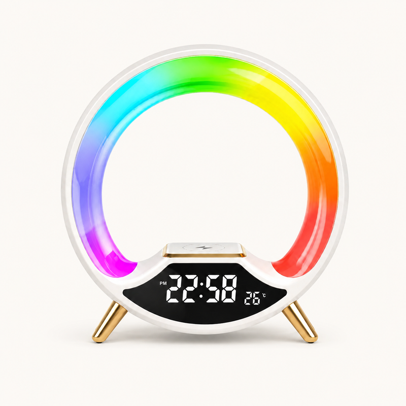 Lampe réveil Piédor avec arc lumineux dégradé multicolore, écran affichant l'heure et la température, pieds dorés