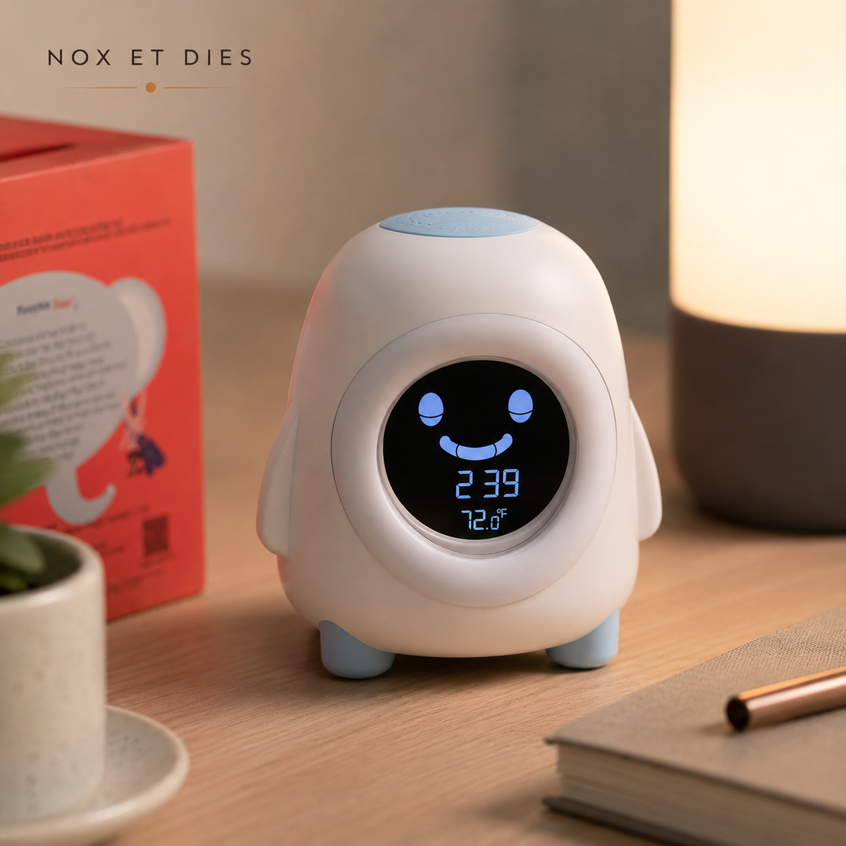 Réveil éducatif Pingobot Nox et Dies en forme de pingouin, posé sur un meuble en bois avec son emballage, écran affichant un visage souriant bleu et l'heure