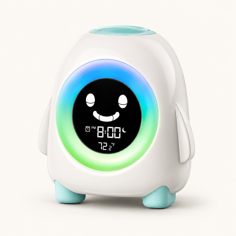 Réveil éducatif Pingobot Nox et Dies sur fond neutre, anneau lumineux en dégradé bleu à vert autour de l'écran affichant un visage souriant
