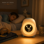 Réveil éducatif Pingobot Nox et Dies sur une table de chevet en soirée, veilleuse orangée apaisante allumée pendant qu'un enfant dort dans une chambre au décor étoilé