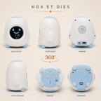 Vue à 360 degrés du réveil éducatif Pingobot Nox et Dies : face avant, côtés droit et gauche, arrière avec haut-parleur et ports de charge, dessus avec les boutons de réglage, dessous avec compartiment pile