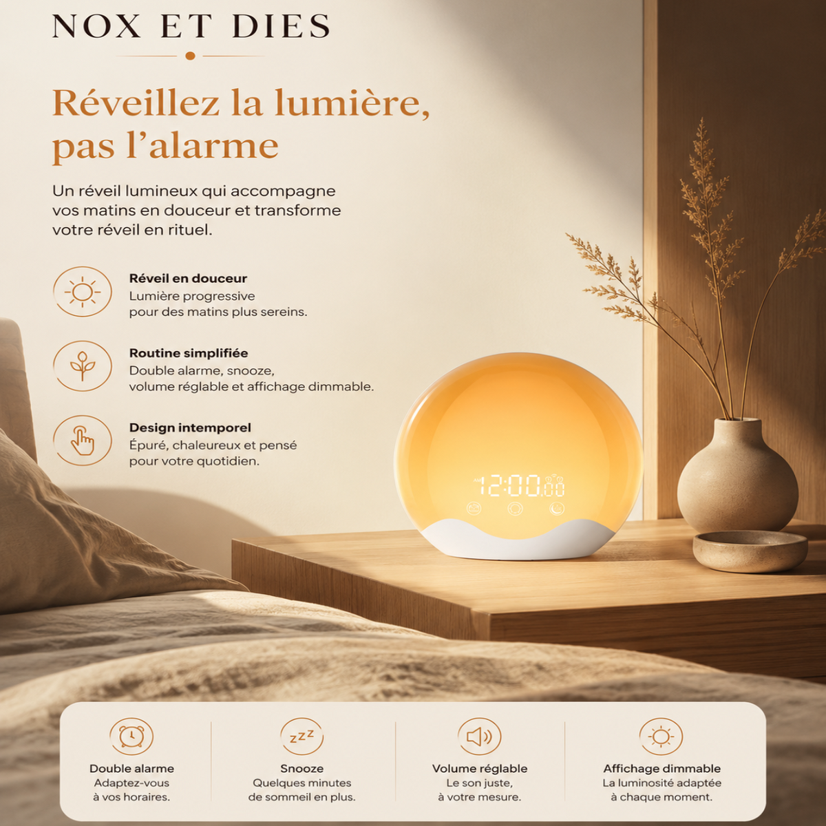 Le réveil lumineux 2 waves posé sur une table de chevet en bois, diffusant une lumière jaune orangée chaleureuse. Entouré d'un vase avec des branches séchées, il présente un design rond et élégant, accompagné du slogan "Réveillez la lumière". Idéal pour un réveil en douceur.