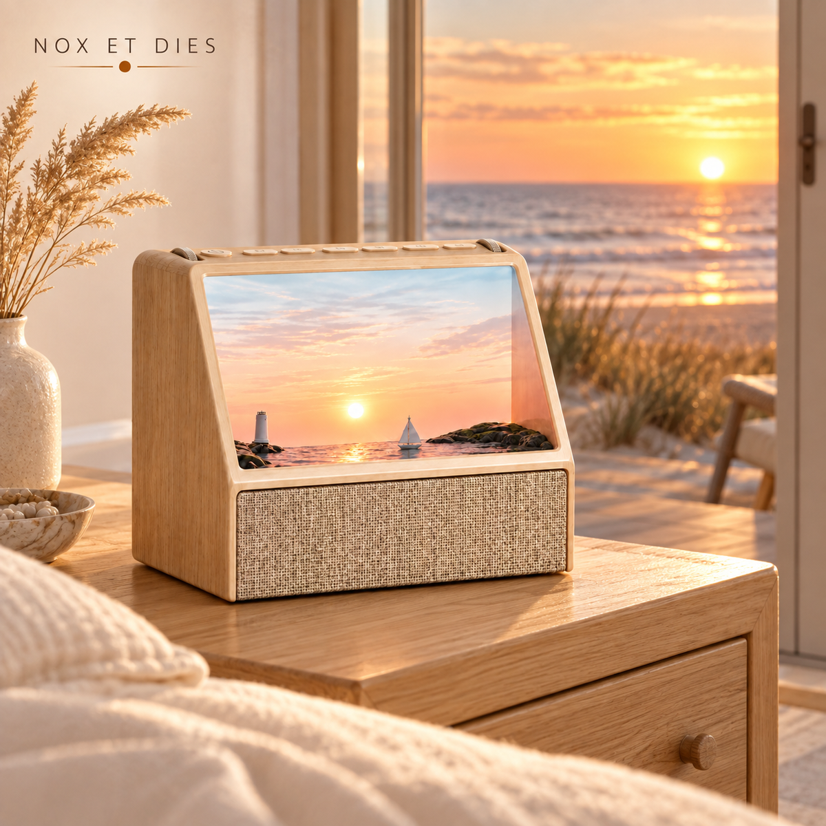 Réveil lumineux Aube Marine en bois clair sur une table de chevet, face à une porte-fenêtre donnant sur la plage au lever du soleil.