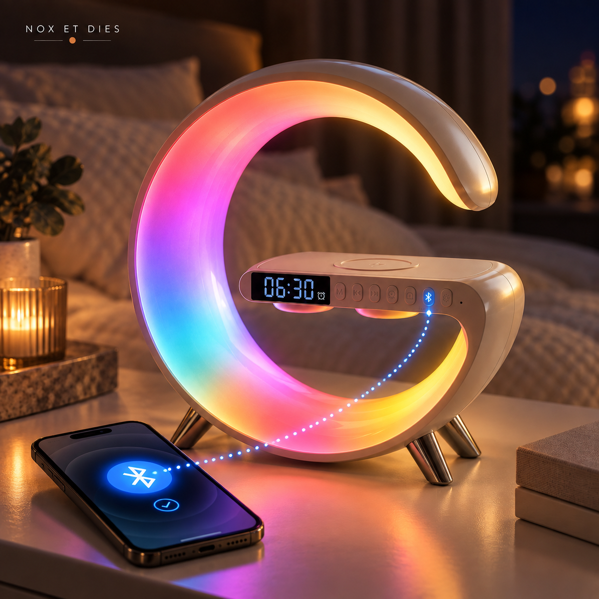 Réveil simulateur d’aube G Induction Smart à arche multicolore, avec liaison Bluetooth illustrée vers un smartphone, dans une chambre de nuit.