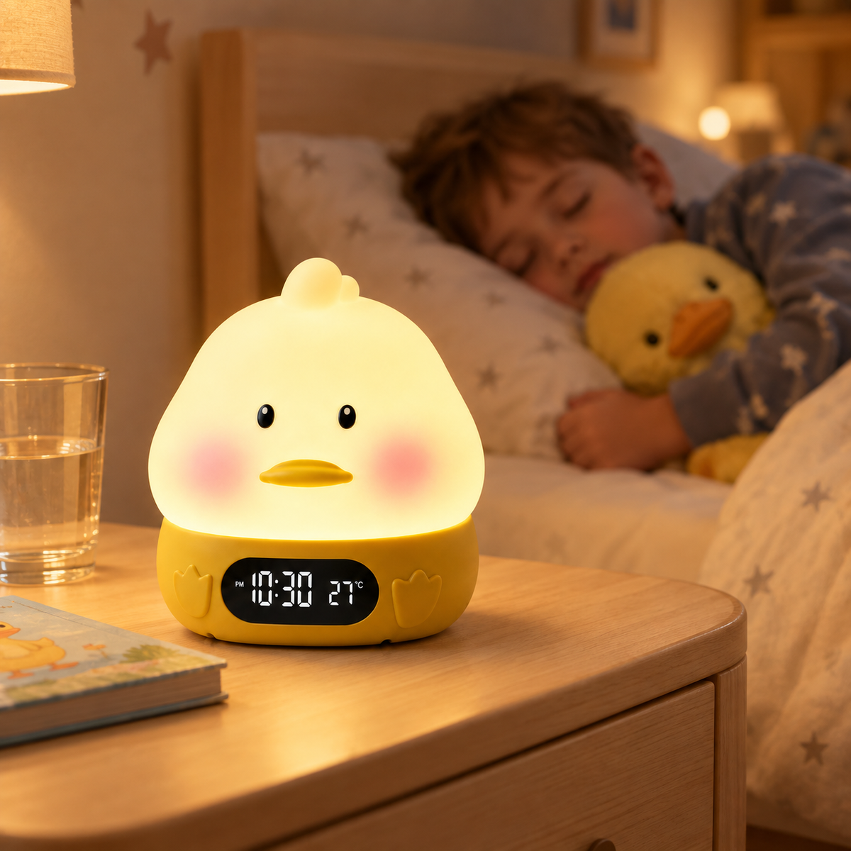Réveil veilleuse en forme de caneton jaune sur une table de chevet, avec un verre d’eau et un livre pour enfant, tandis qu’un petit garçon dort avec une peluche canard dans les bras.