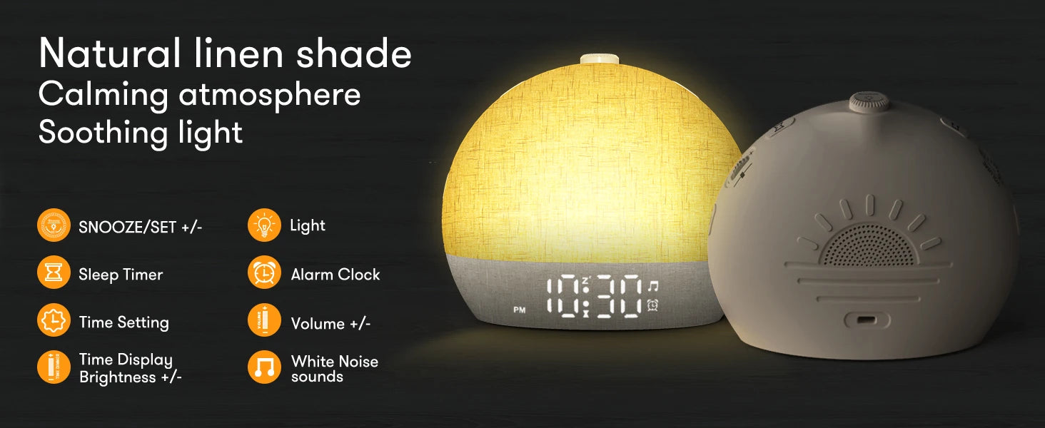 Wake Up Light Sunrise Alarm Clock Timer 30 White Noise Sound Machine Dimmable RGB Night Lights Sleep Aid Snooze Ideal for Gift