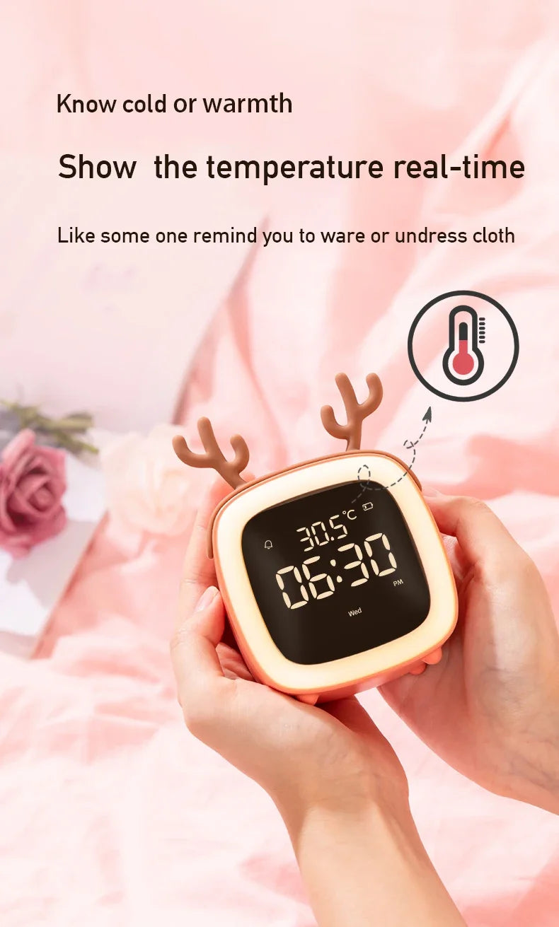 Rechargeable Cartoon LED Night Light Children Bedroom Alarm Clock with Thermometer Student Birthday Gift Room Bedside Deer Lamp