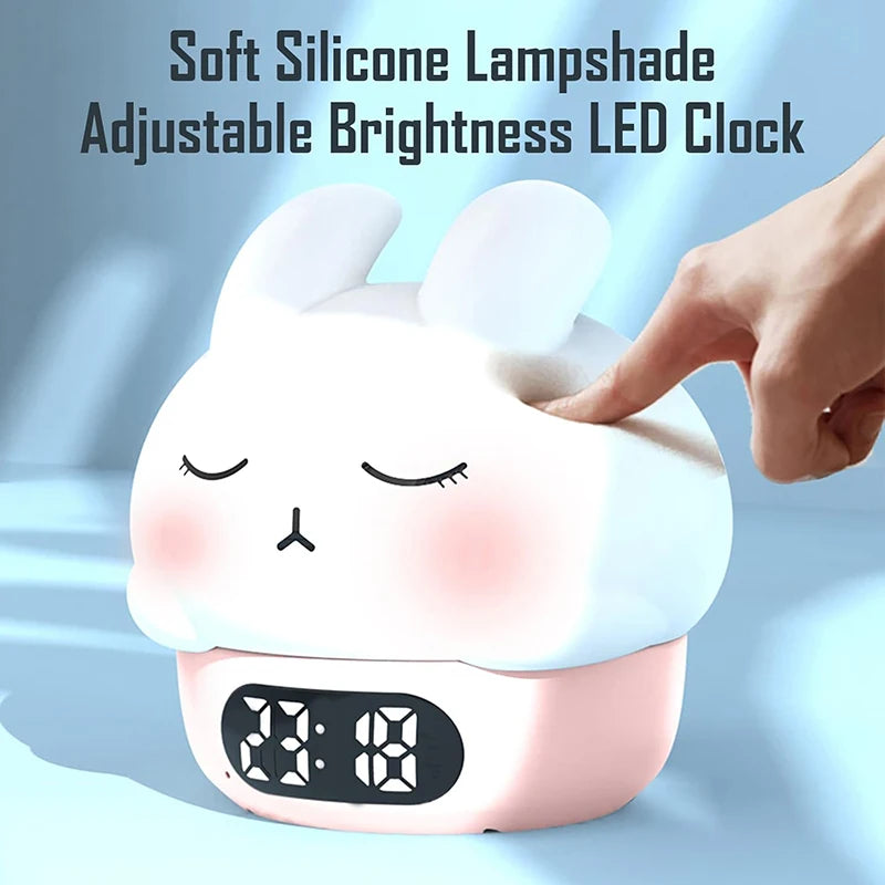 Alarm Clock with Night Light Cute Bunny Temperature Display Rechargeable Dimmable Night Lamp for Kids Desktop Decor