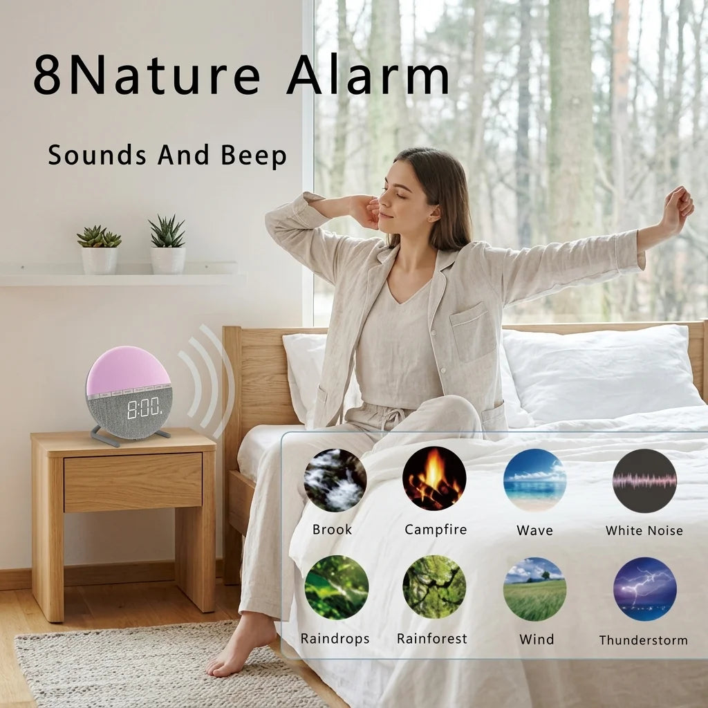 Sunrise Wake-Up Light Alarm Clock Color Changing Night Light with Natural Sound Digital Display for Bedroom Living Room Home Dec