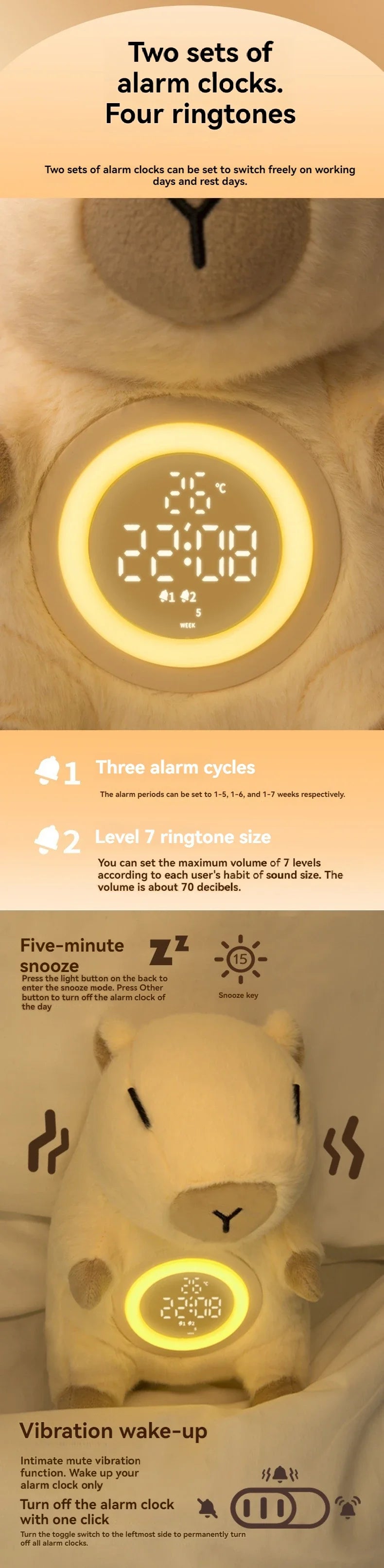 Adorable Capybara Plush Dual Alarm Night Light Adjustable Brightness Time Temperature Display Cartoon Clock for Kids Bedroom