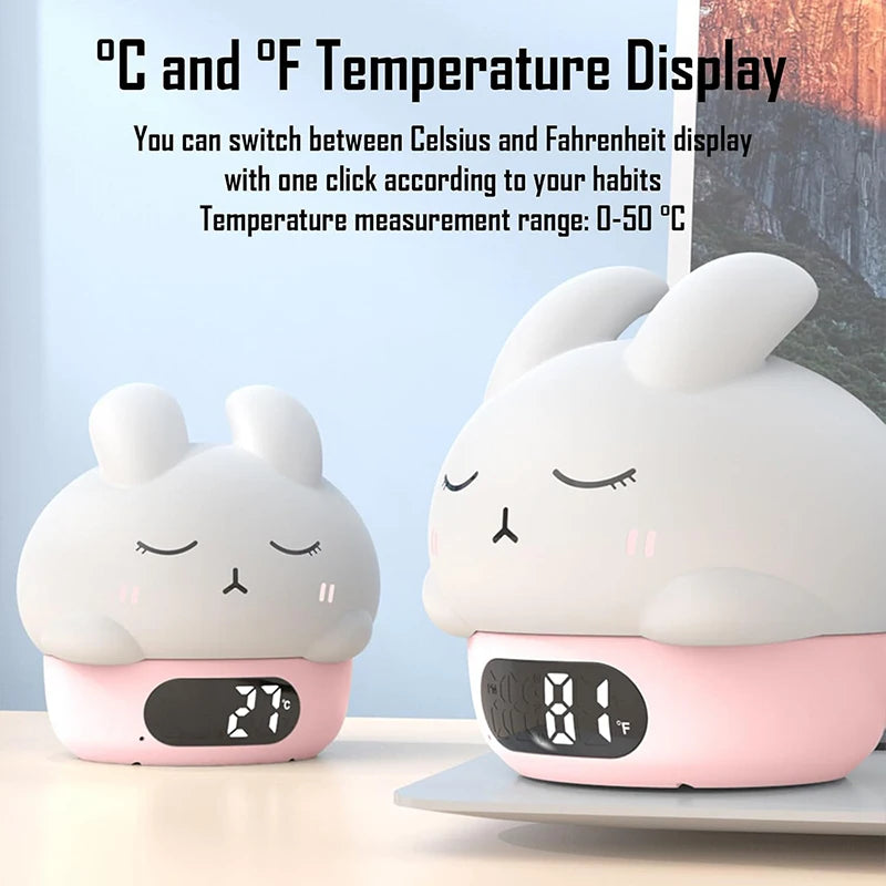 Alarm Clock with Night Light Cute Bunny Temperature Display Rechargeable Dimmable Night Lamp for Kids Desktop Decor