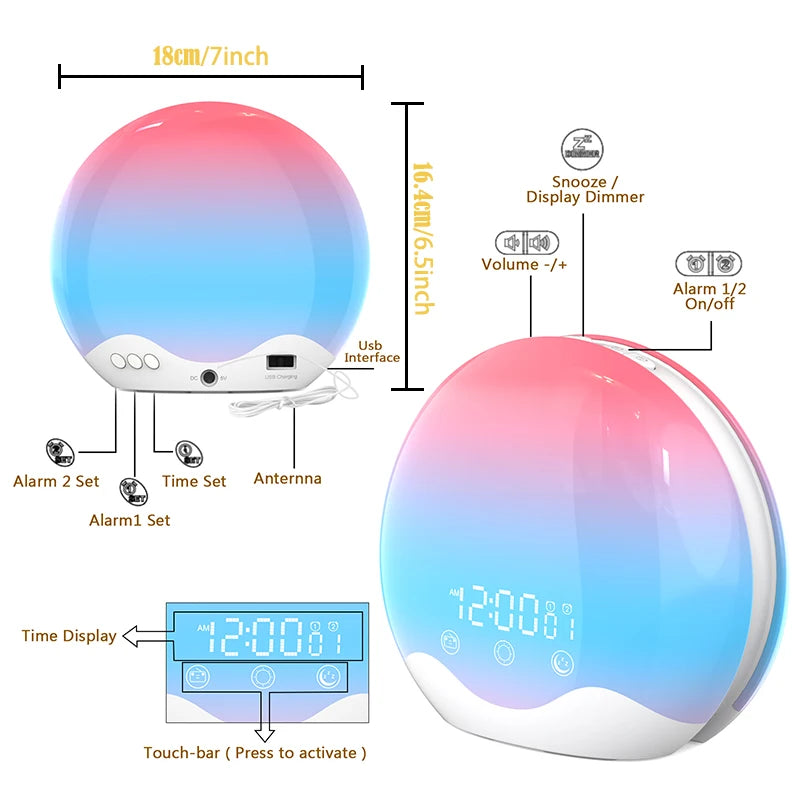 Sunrise Alarm Clock with Awakening Light Digital Sleep Sound Night Light Desk Clock Sleep Aid Device Color Changing Perfect Gift