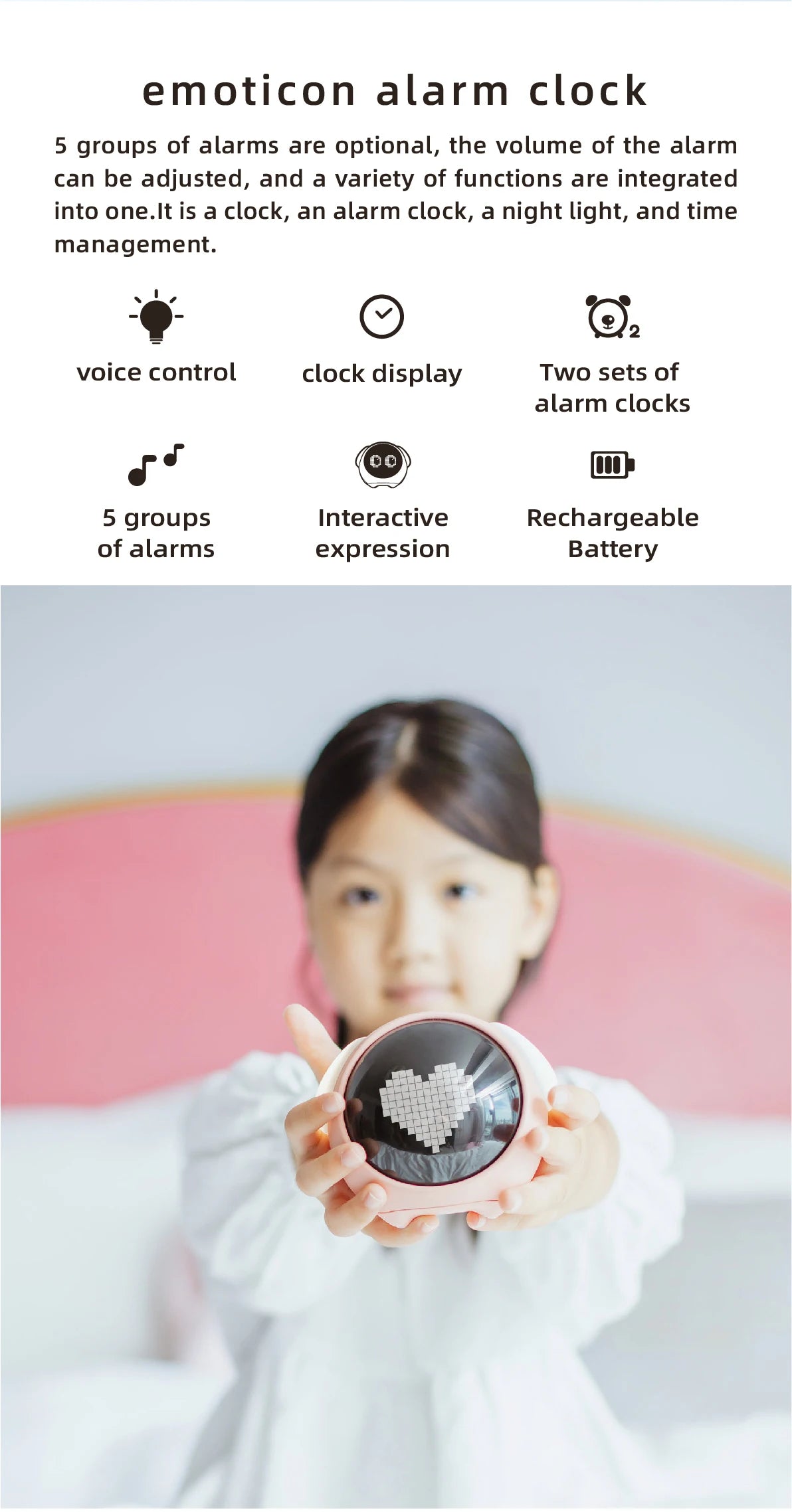 Child Alarm Clock Digital Emotion Table Clock LED Night Light Wireless Smart Bedside Cute Cartoon Alarm Clock for Kids