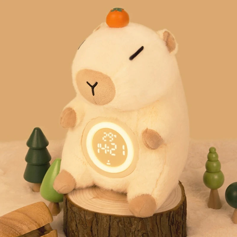 Adorable Capybara Plush Dual Alarm Night Light Adjustable Brightness Time Temperature Display Cartoon Clock for Kids Bedroom