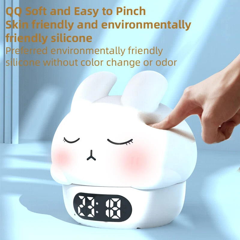 Alarm Clock with Night Light Cute Bunny Temperature Display Rechargeable Dimmable Night Lamp for Kids Desktop Decor