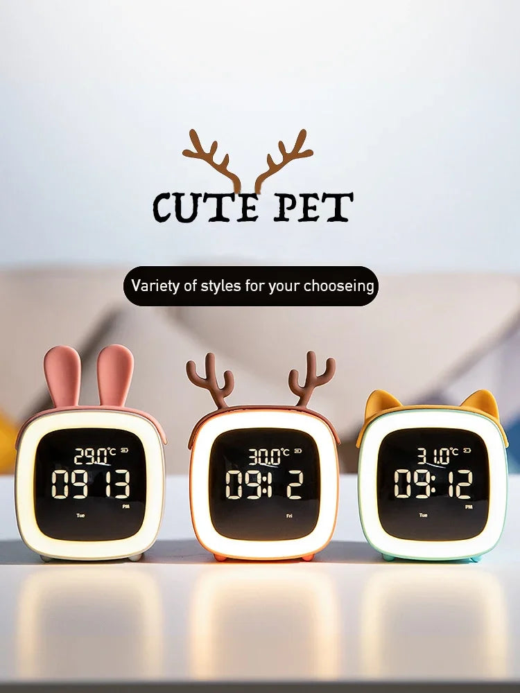 Rechargeable Cartoon LED Night Light Children Bedroom Alarm Clock with Thermometer Student Birthday Gift Room Bedside Deer Lamp