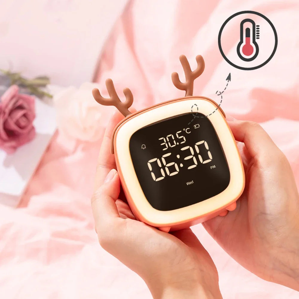 Rechargeable Cartoon LED Night Light Children Bedroom Alarm Clock with Thermometer Student Birthday Gift Room Bedside Deer Lamp