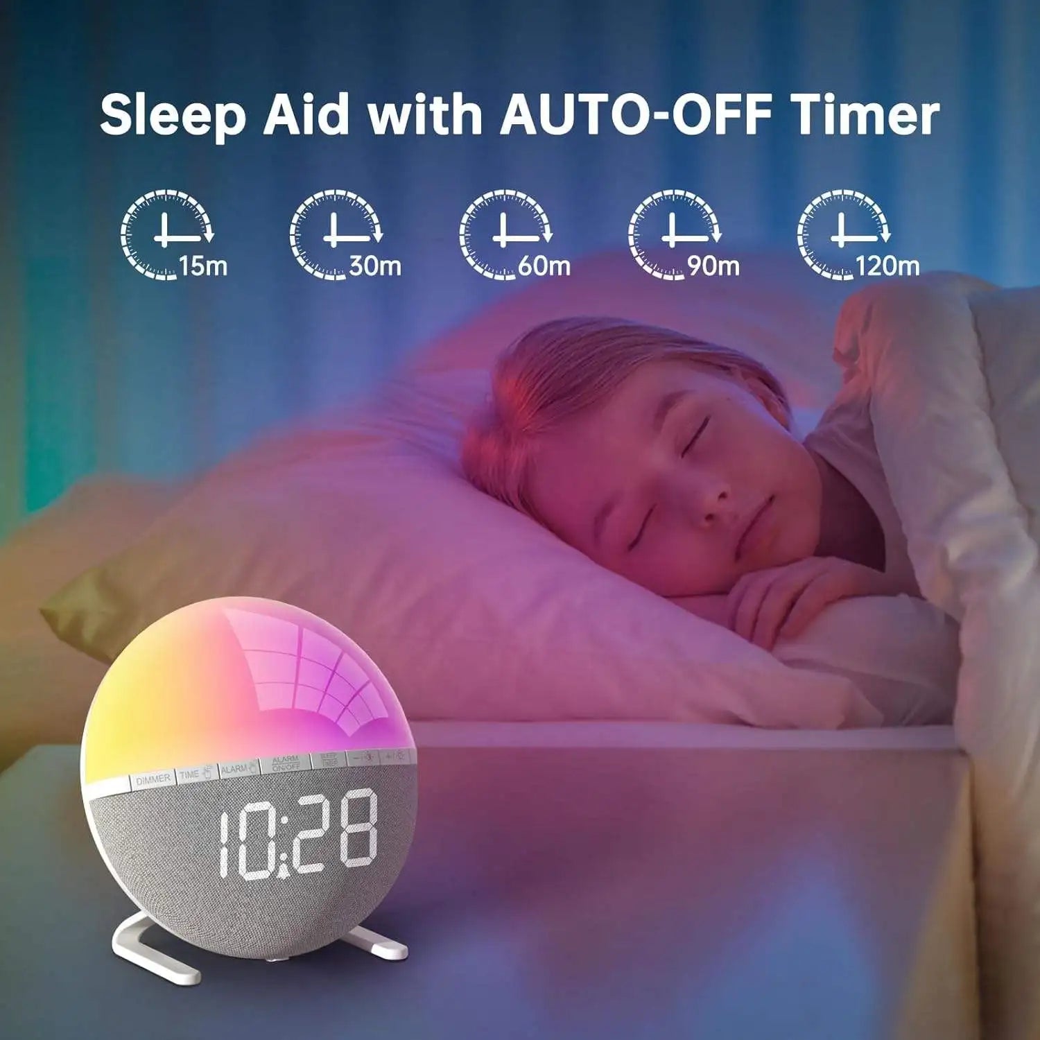 Sunrise Wake-Up Light Alarm Clock Color Changing Night Light with Natural Sound Digital Display for Bedroom Living Room Home Dec
