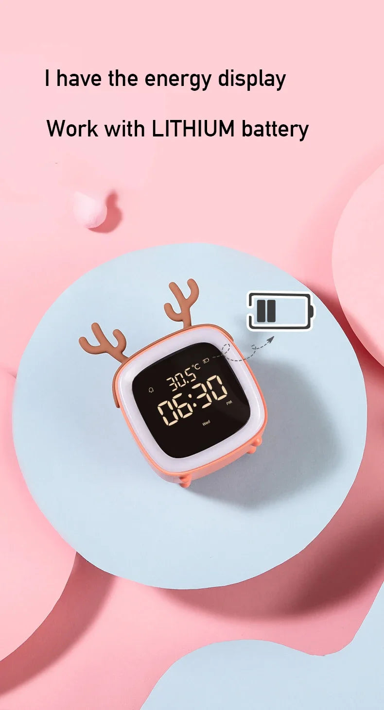 Rechargeable Cartoon LED Night Light Children Bedroom Alarm Clock with Thermometer Student Birthday Gift Room Bedside Deer Lamp