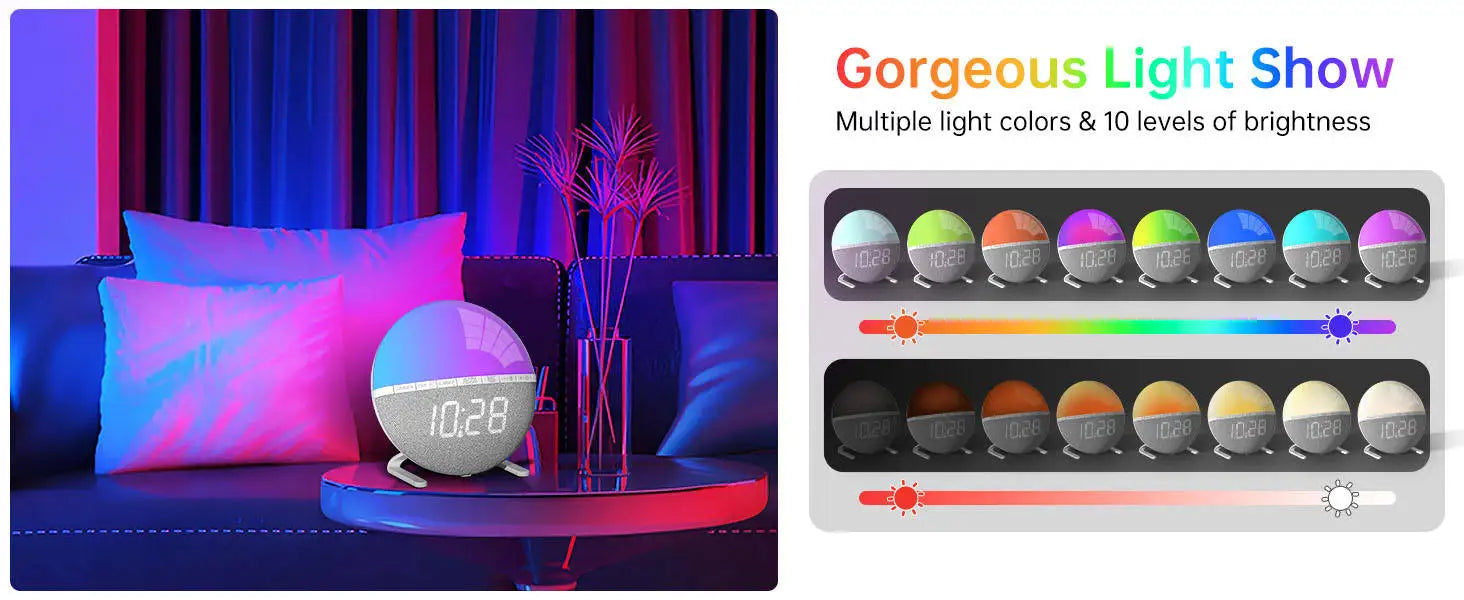 Sunrise Wake-Up Light Alarm Clock Color Changing Night Light with Natural Sound Digital Display for Bedroom Living Room Home Dec