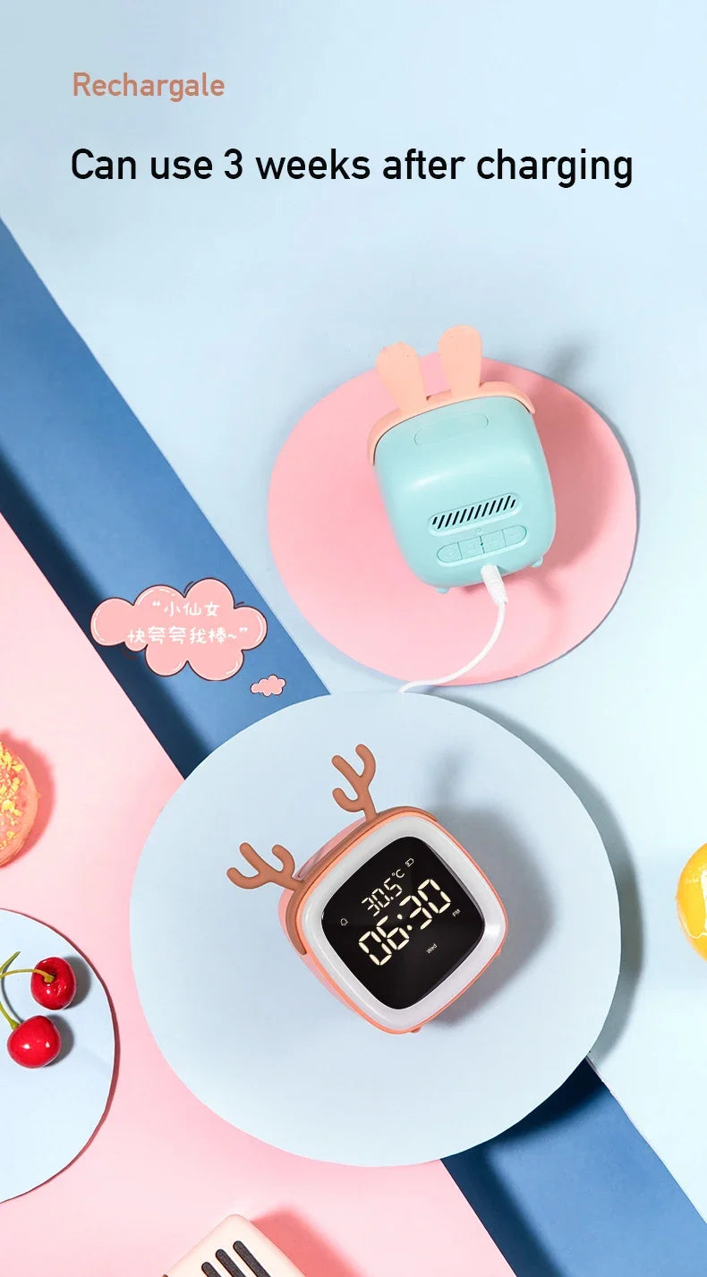 Rechargeable Cartoon LED Night Light Children Bedroom Alarm Clock with Thermometer Student Birthday Gift Room Bedside Deer Lamp