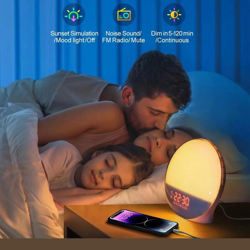 Wake Up Light Alarm Clock with Sunrise/Sunset Simulation Dual Alarms FM Radio Nightlight 7 Colors Natural Sounds Snooze