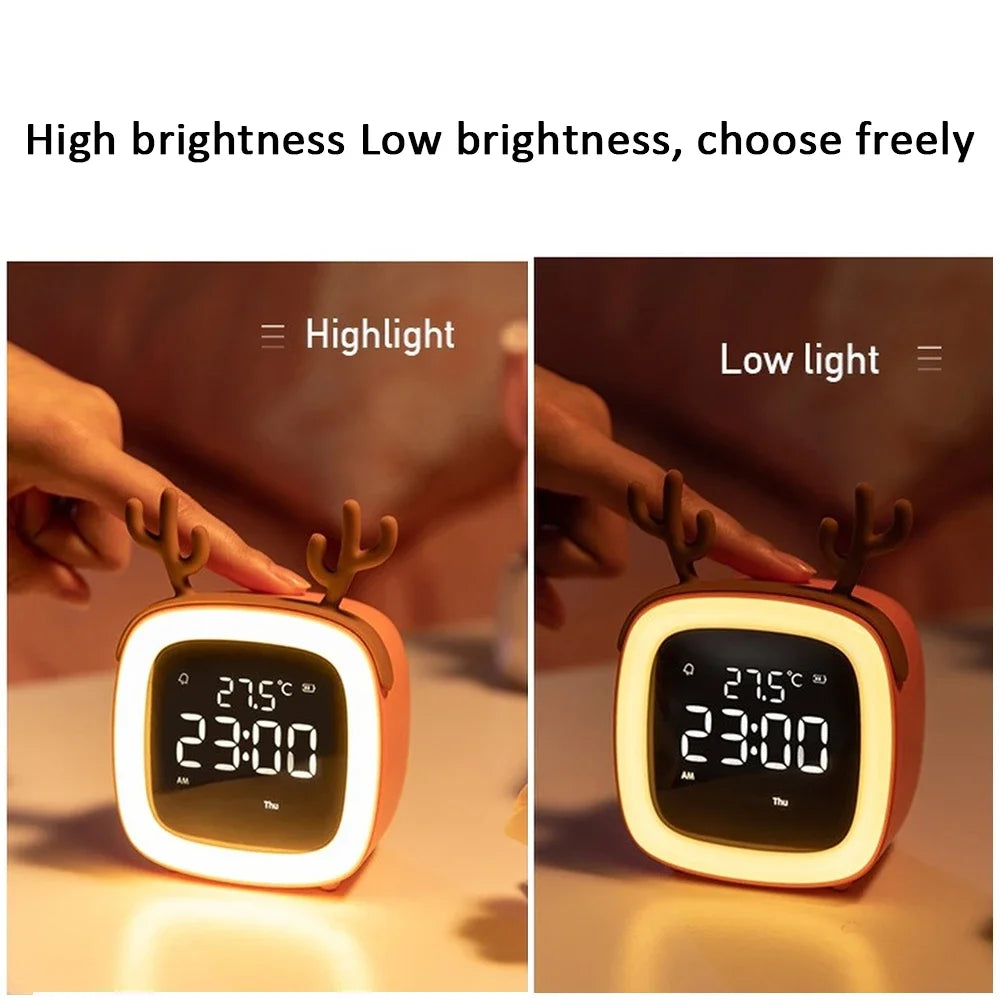 Rechargeable Cartoon LED Night Light Children Bedroom Alarm Clock with Thermometer Student Birthday Gift Room Bedside Deer Lamp
