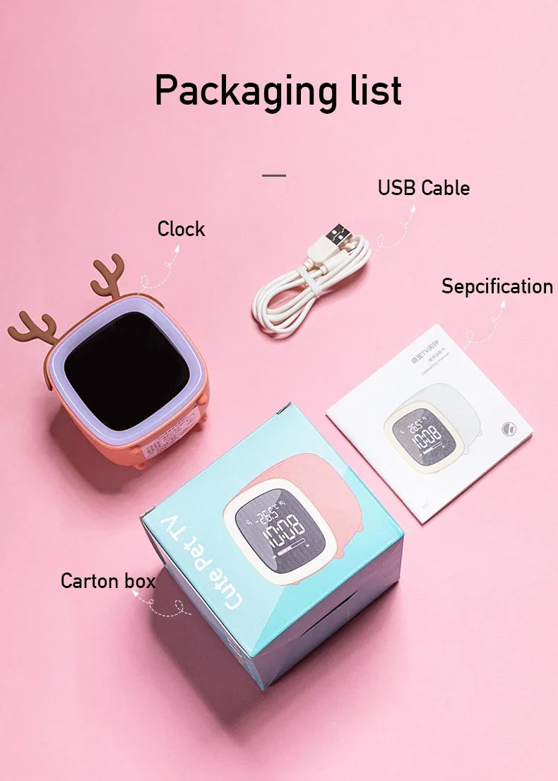 Rechargeable Cartoon LED Night Light Children Bedroom Alarm Clock with Thermometer Student Birthday Gift Room Bedside Deer Lamp