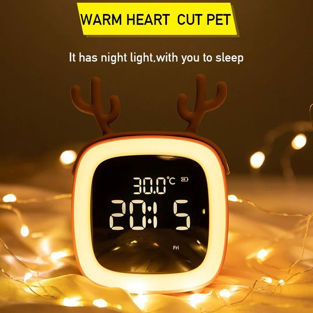 Rechargeable Cartoon LED Night Light Children Bedroom Alarm Clock with Thermometer Student Birthday Gift Room Bedside Deer Lamp