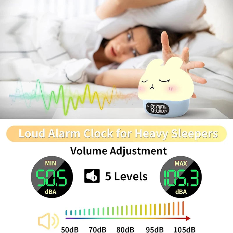 Alarm Clock with Night Light Cute Bunny Temperature Display Rechargeable Dimmable Night Lamp for Kids Desktop Decor