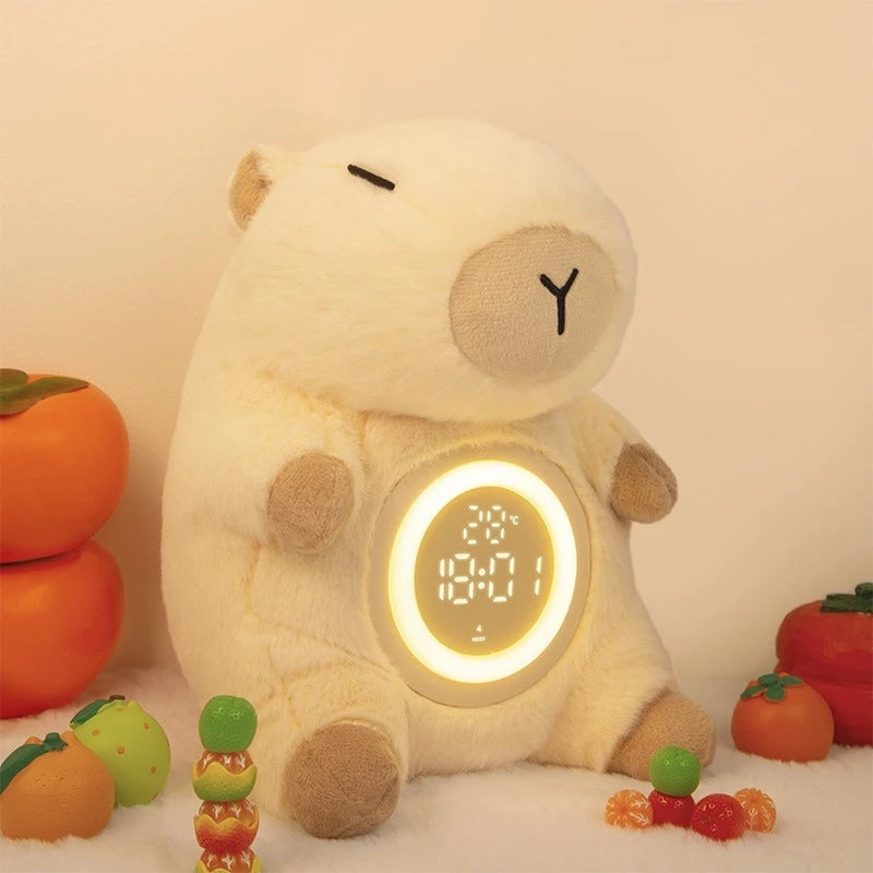 Adorable Capybara Plush Dual Alarm Night Light Adjustable Brightness Time Temperature Display Cartoon Clock for Kids Bedroom