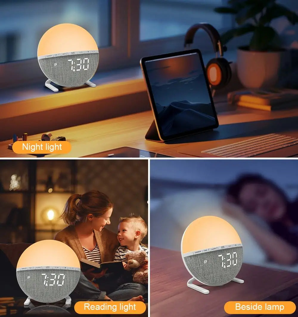 Sunrise Wake-Up Light Alarm Clock Color Changing Night Light with Natural Sound Digital Display for Bedroom Living Room Home Dec